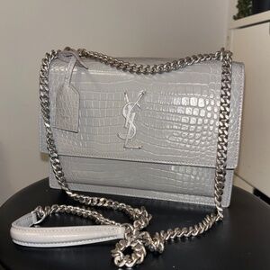 Yves Saint Laurent Grey Croc Embossed Leather Medium Sunset Shoulder Bag